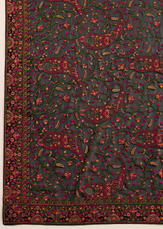 Black Georgette Multi Colour Resham Thread Embroidery work Saree with Unstitched Blouse Piece For Women's Trendmalls