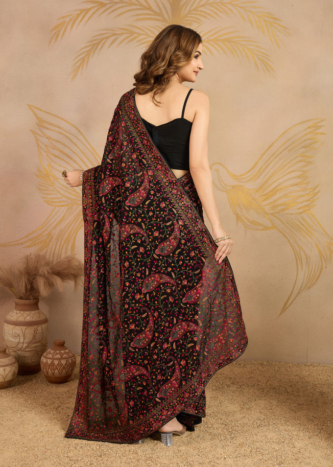 Black Georgette Multi Colour Resham Thread Embroidery work Saree with Unstitched Blouse Piece For Women's Trendmalls