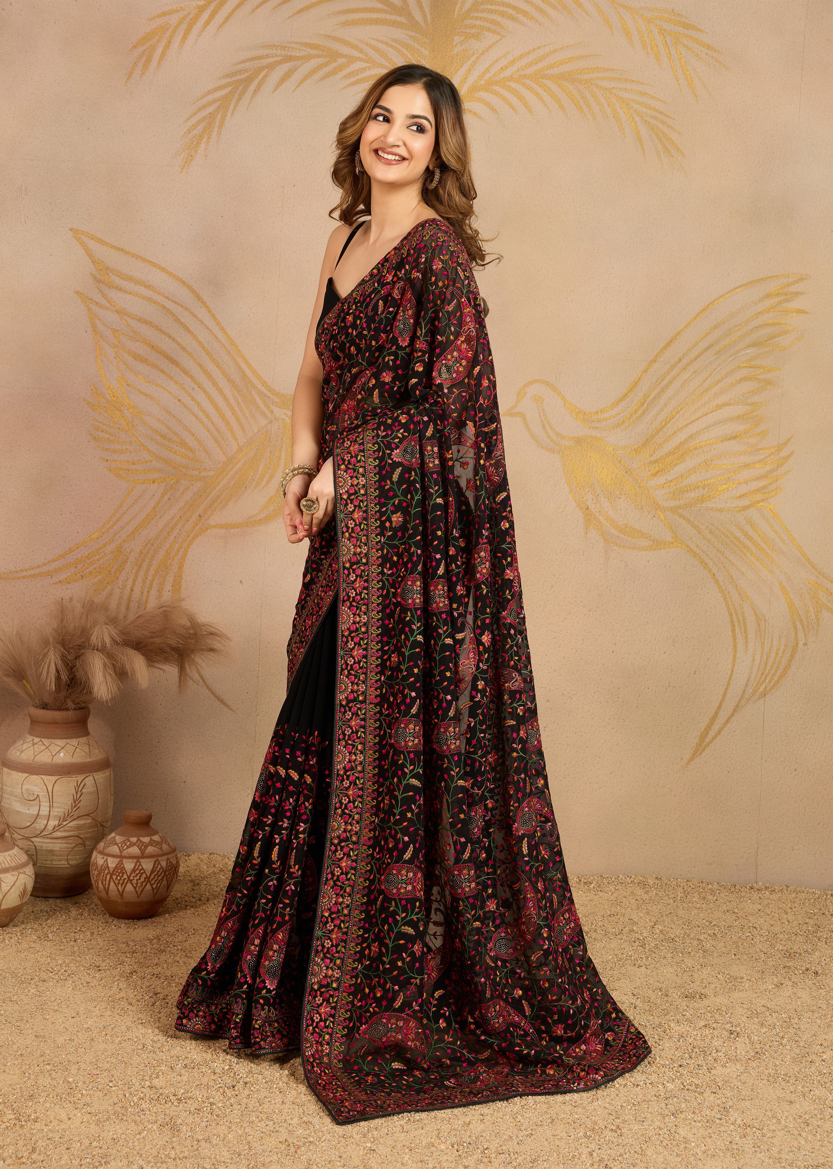 Black Georgette Multi Colour Resham Thread Embroidery work Saree with Unstitched Blouse Piece For Women's Trendmalls