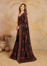 Black Georgette Multi Colour Resham Thread Embroidery work Saree with Unstitched Blouse Piece For Women's Trendmalls