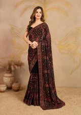 Black Georgette Multi Colour Resham Thread Embroidery work Saree with Unstitched Blouse Piece For Women's Trendmalls