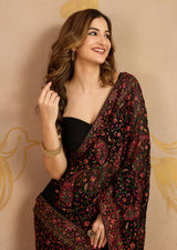 Black Georgette Multi Colour Resham Thread Embroidery work Saree with Unstitched Blouse Piece For Women's Trendmalls