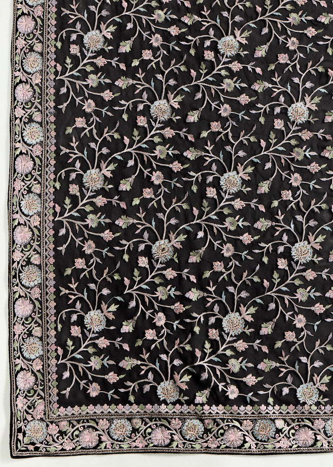 Black Georgette Multi Colour Resham Thread Embroidery with Siroski work Saree with Unstitched Blouse Piece For Women's Trendmalls