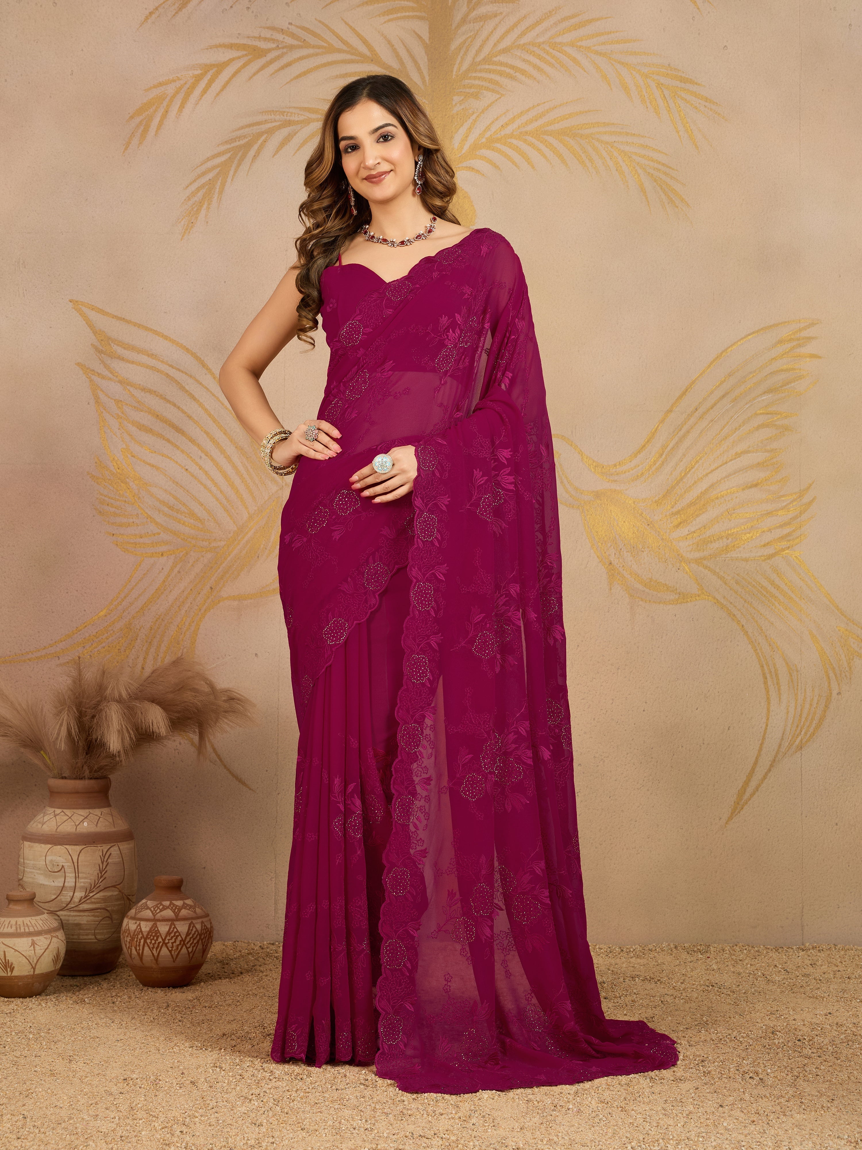 Darkpink Geogette Embroidery Siroski Work Saree with Unstitched Blouse Piece For Women's Trendmalls