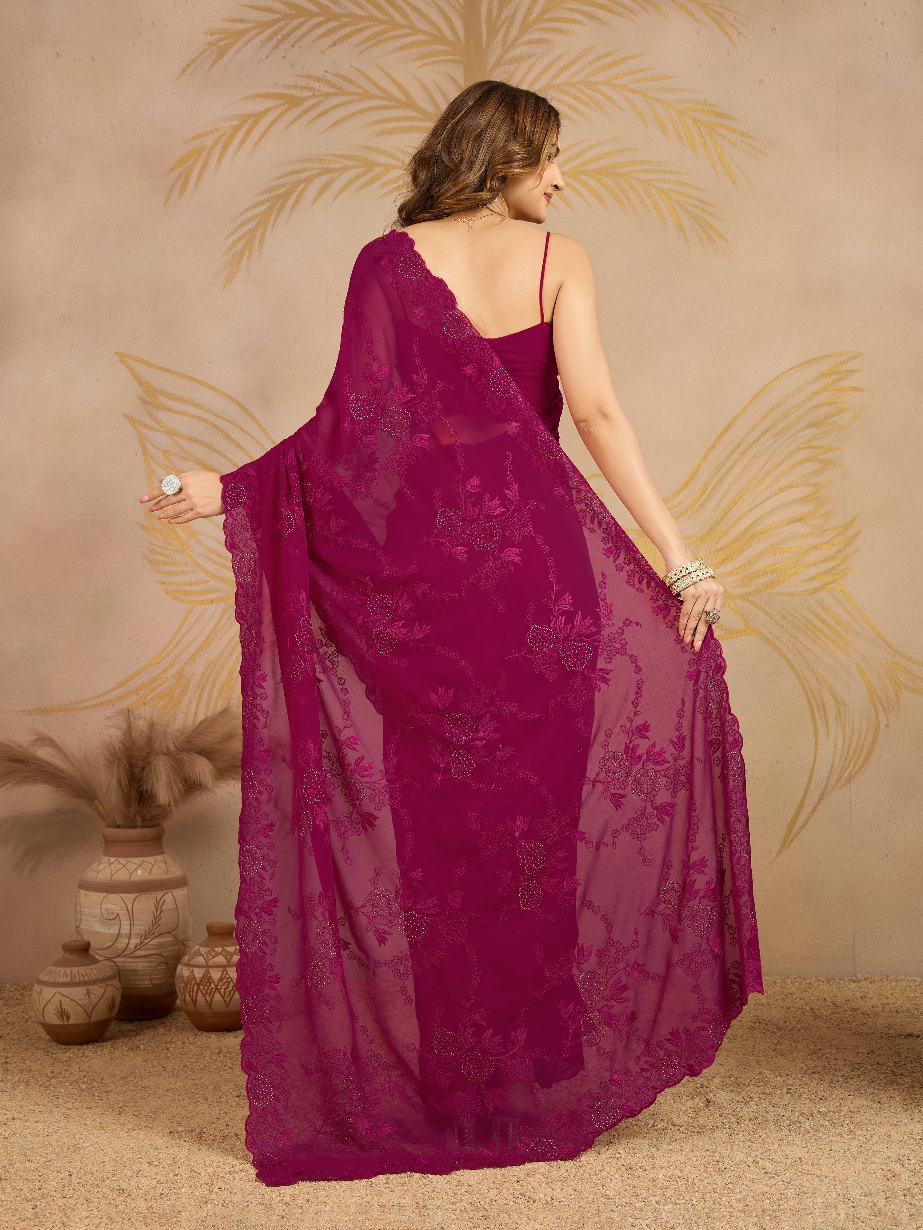 Darkpink Geogette Embroidery Siroski Work Saree with Unstitched Blouse Piece For Women's Trendmalls