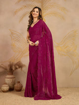 Darkpink Geogette Embroidery Siroski Work Saree with Unstitched Blouse Piece For Women's Trendmalls