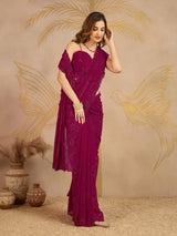 Darkpink Geogette Embroidery Siroski Work Saree with Unstitched Blouse Piece For Women's Trendmalls