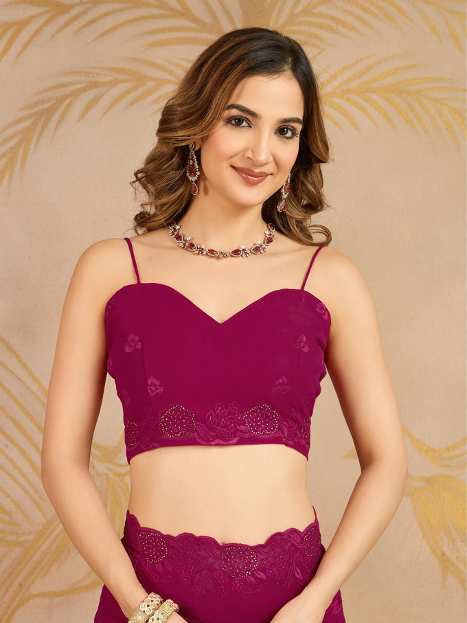 Darkpink Geogette Embroidery Siroski Work Saree with Unstitched Blouse Piece For Women's Trendmalls