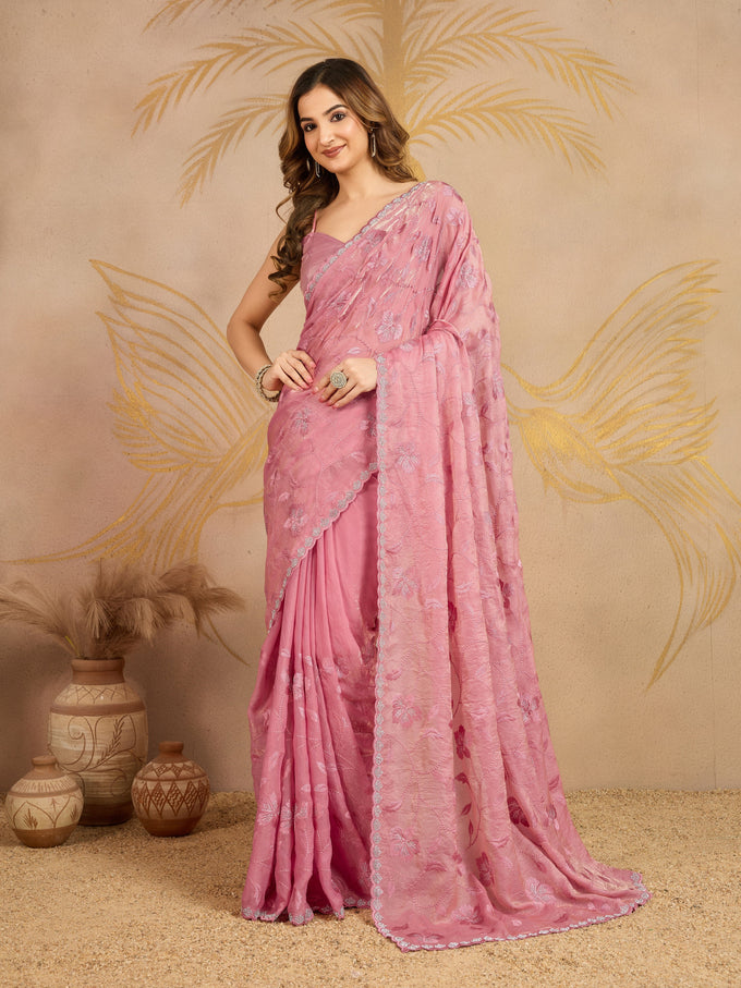 Lightpink Satin Embroidery work Saree with Unstitched Blouse Piece For Women's Trendmalls