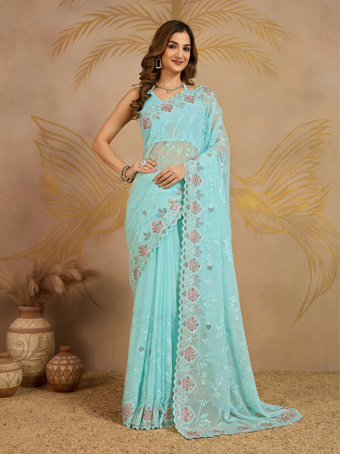 Turquoise Georgette Embroidery work Saree with Unstitched Blouse Piece For Women's Trendmalls