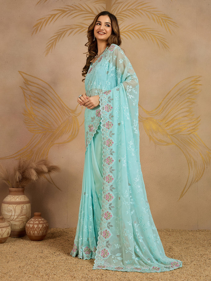 Turquoise Georgette Embroidery work Saree with Unstitched Blouse Piece For Women's Trendmalls