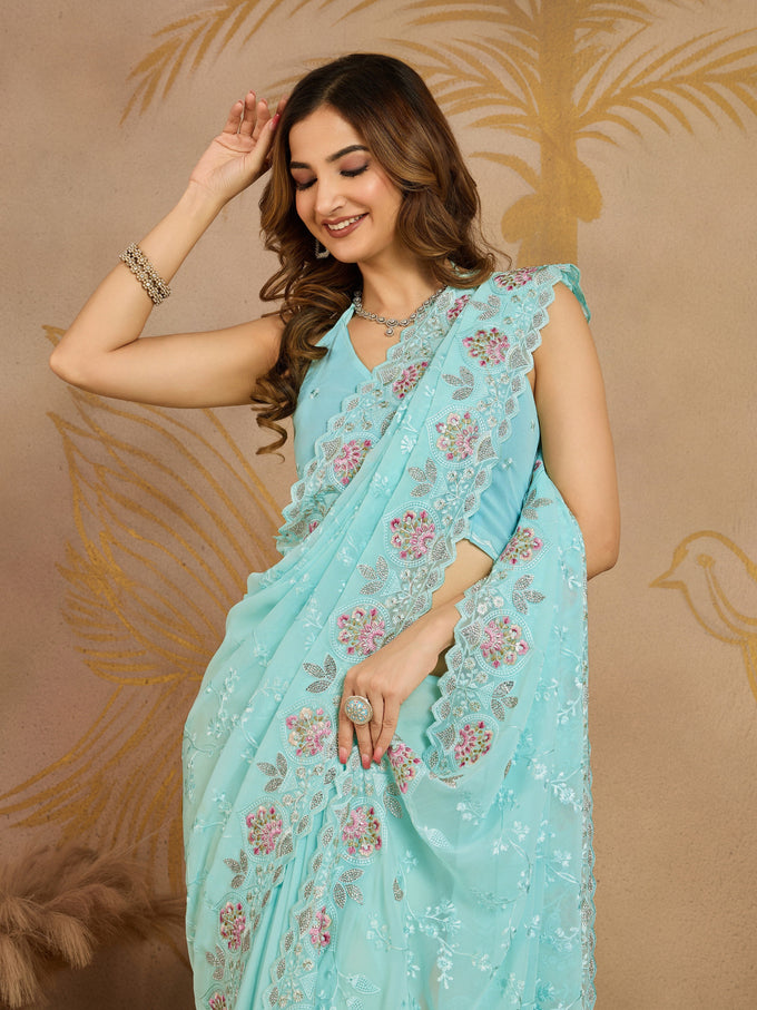 Turquoise Georgette Embroidery work Saree with Unstitched Blouse Piece For Women's Trendmalls