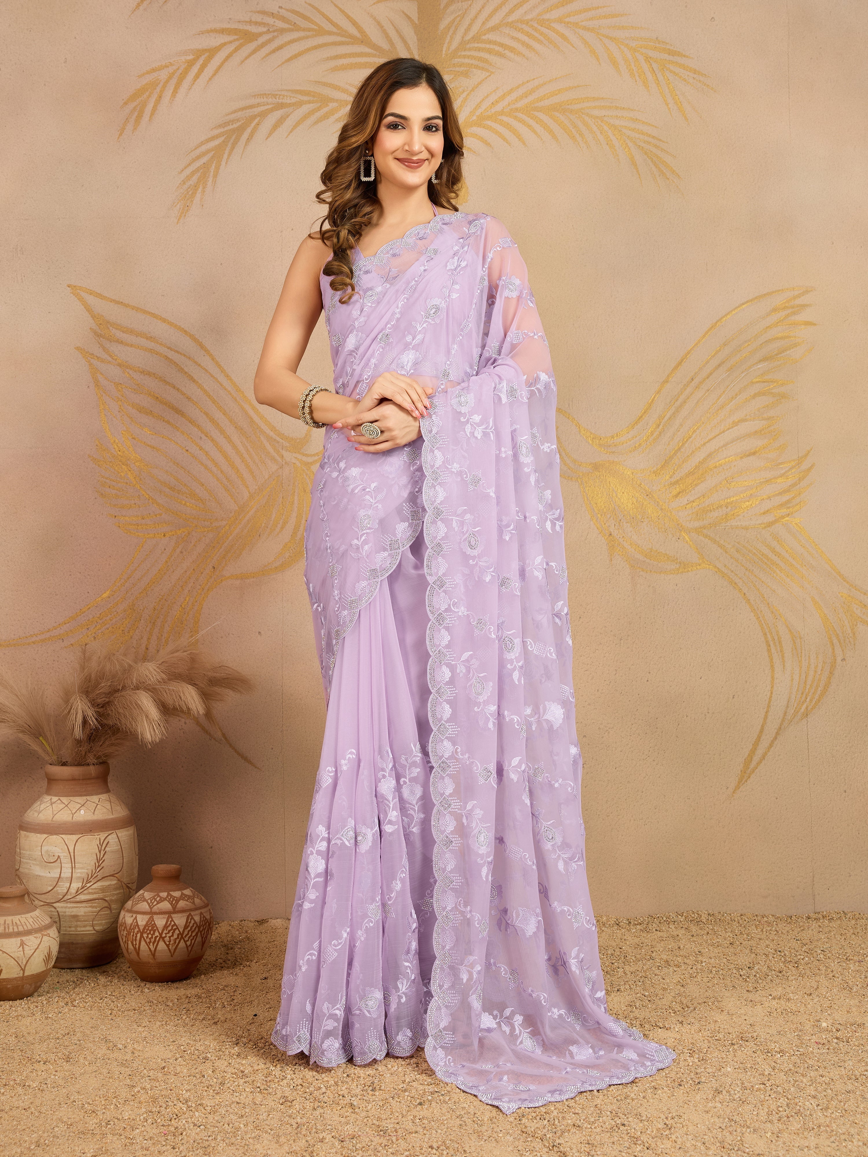 LightPurple Chiffon Embroidery Zarkan Work Saree with Unstitched Blouse Piece For Women's Trendmalls
