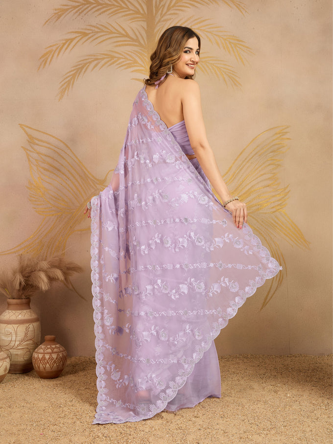 LightPurple Chiffon Embroidery Zarkan Work Saree with Unstitched Blouse Piece For Women's Trendmalls