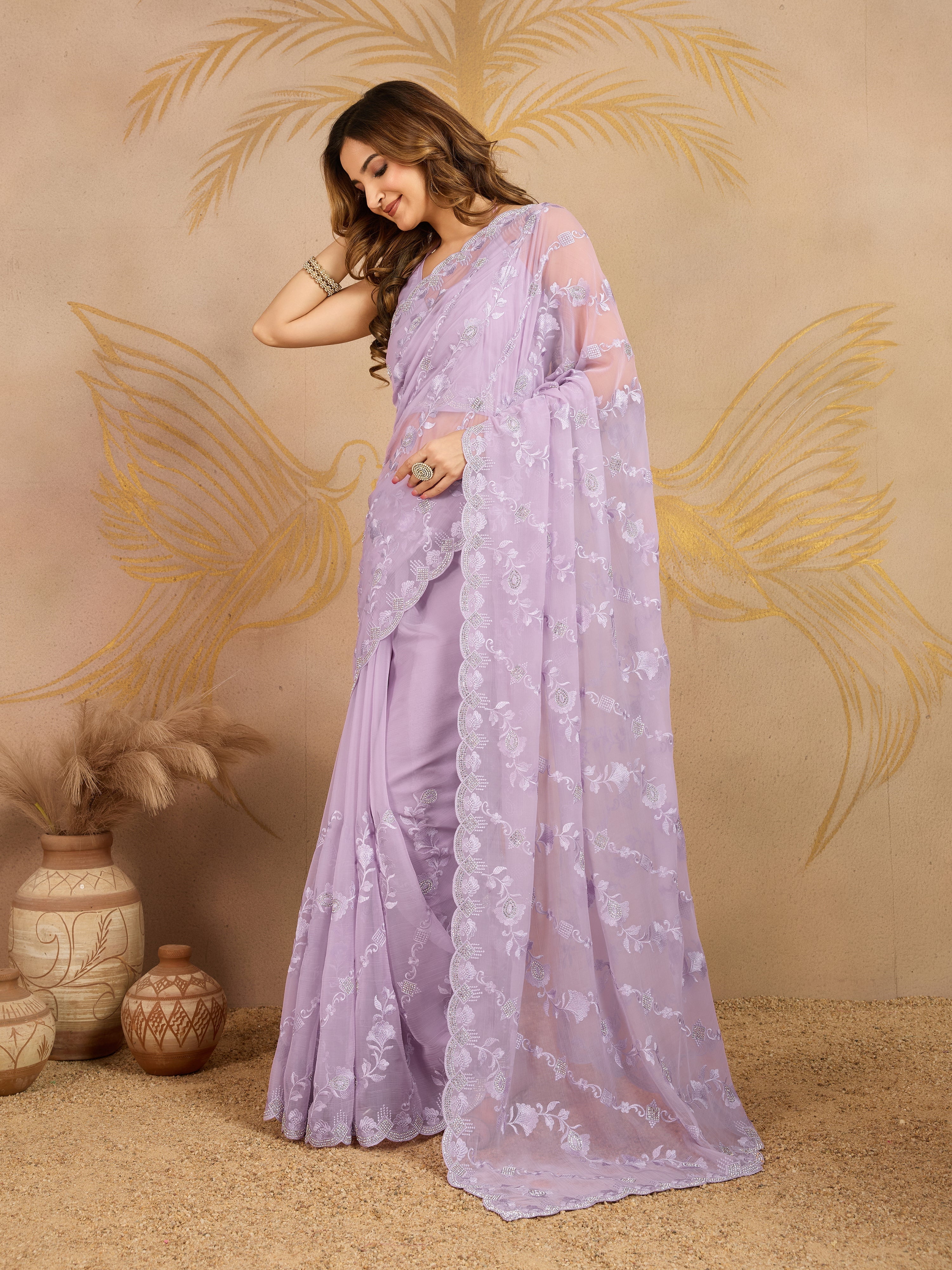 LightPurple Chiffon Embroidery Zarkan Work Saree with Unstitched Blouse Piece For Women's Trendmalls