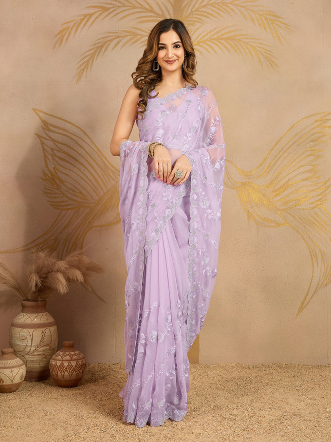 LightPurple Chiffon Embroidery Zarkan Work Saree with Unstitched Blouse Piece For Women's Trendmalls