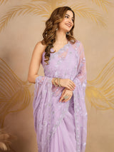 LightPurple Chiffon Embroidery Zarkan Work Saree with Unstitched Blouse Piece For Women's Trendmalls