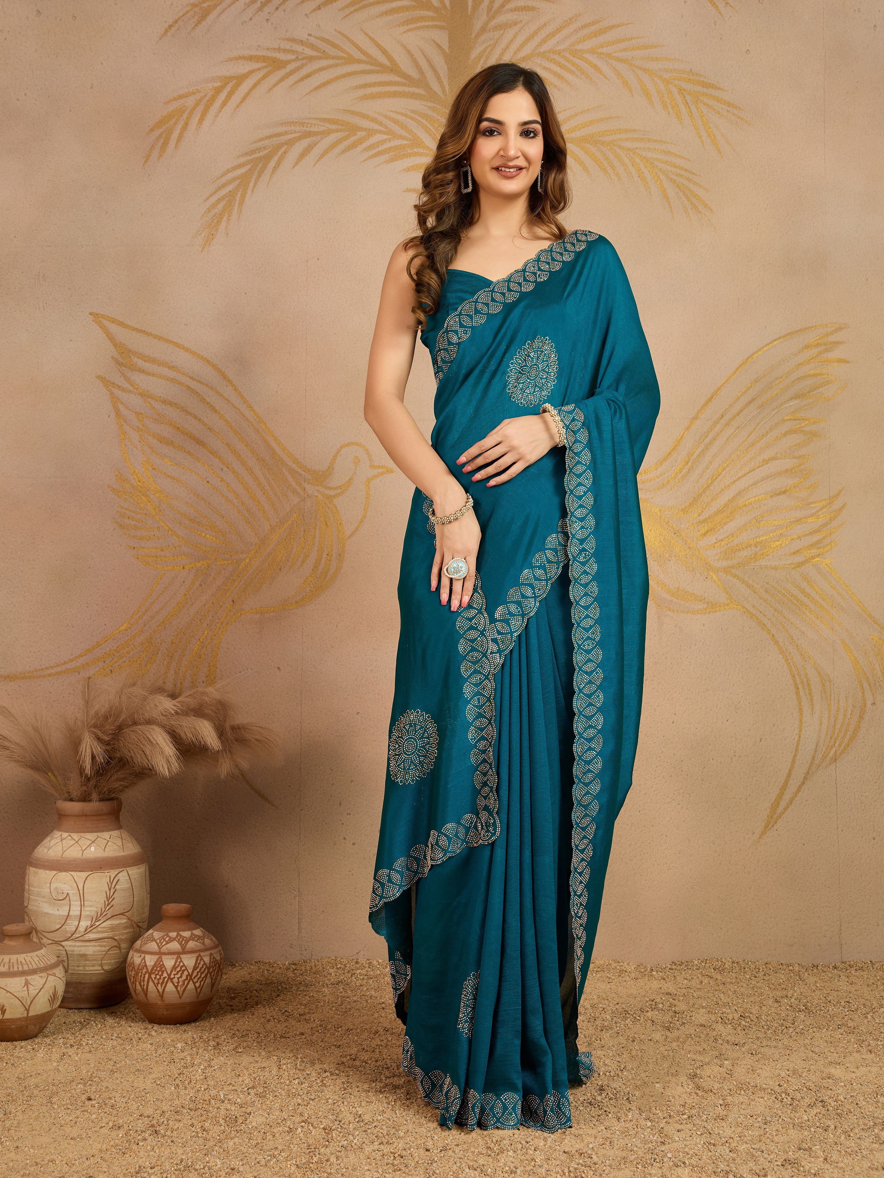 Morpeach Art Silk Siroski Work Saree with Unstitch Blouse Piece For Women's Trendmalls