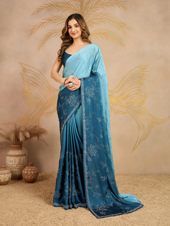 Skyblue Satin Siroski Work Ombre Pattern Dual Shade Saree with Unstitch Blouse Piece For Woman's Trendmalls
