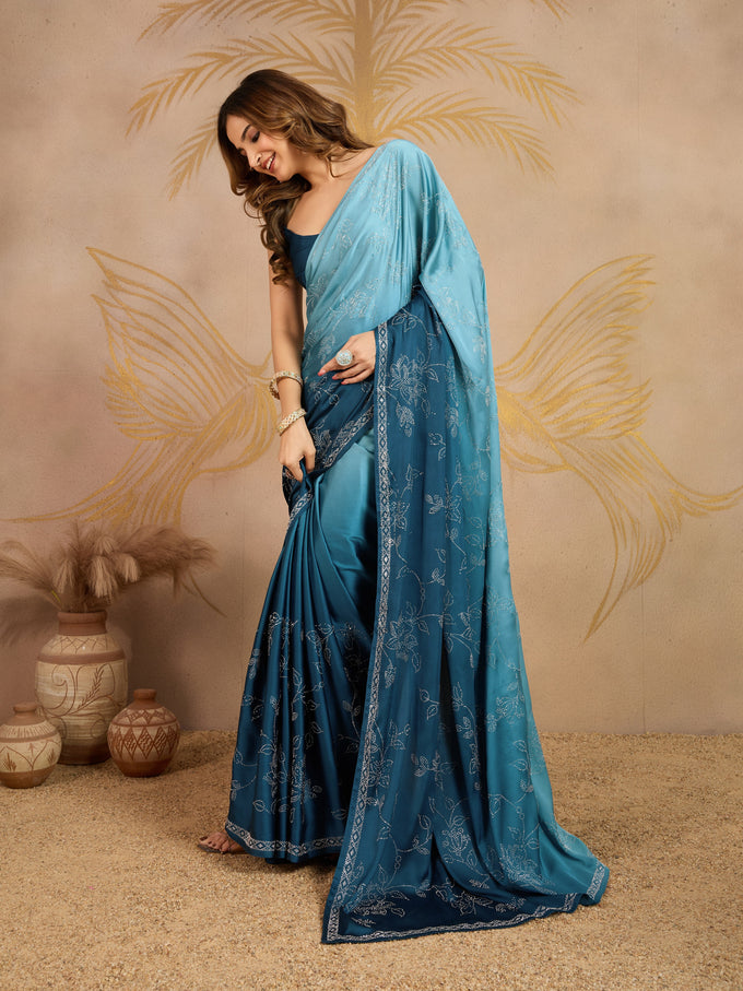 Skyblue Satin Siroski Work Ombre Pattern Dual Shade Saree with Unstitch Blouse Piece For Woman's Trendmalls