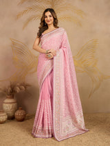 LightPink Tussar Silk Embroidery Siroski Work Saree with Unstitch Blouse Piece For Women's Trendmalls