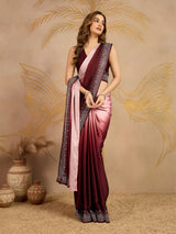 Brown Satin Siroski Work Ombre Pattern Dual Shade Saree with Unstitch Blouse Piece For Women's Trendmalls