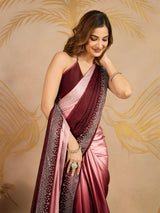 Brown Satin Siroski Work Ombre Pattern Dual Shade Saree with Unstitch Blouse Piece For Women's Trendmalls