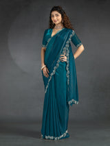 Morpeach Satin Floral Siroski work Saree Trendmalls