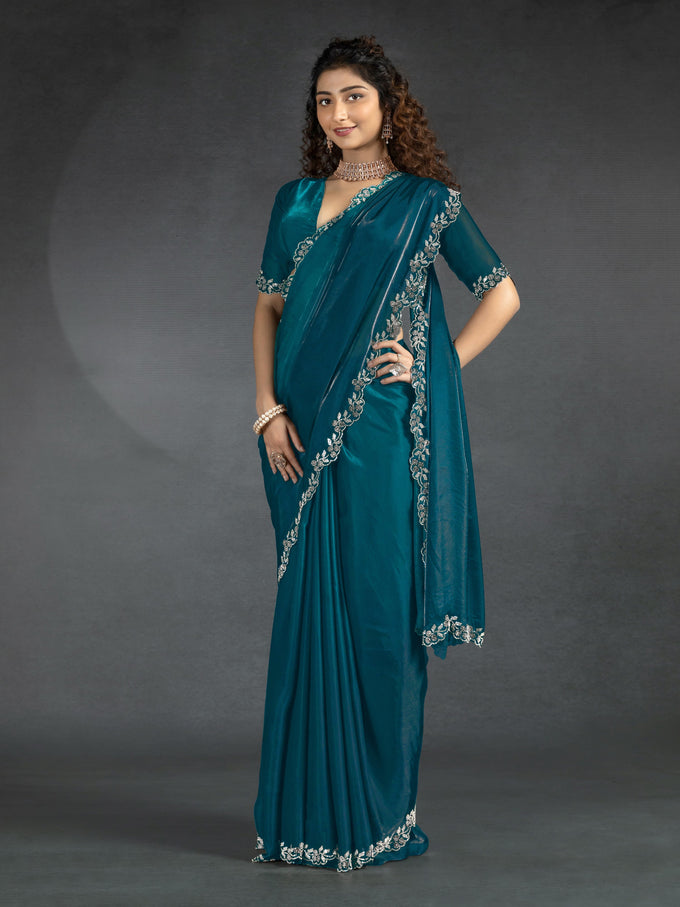 Morpeach Satin Floral Siroski work Saree Trendmalls