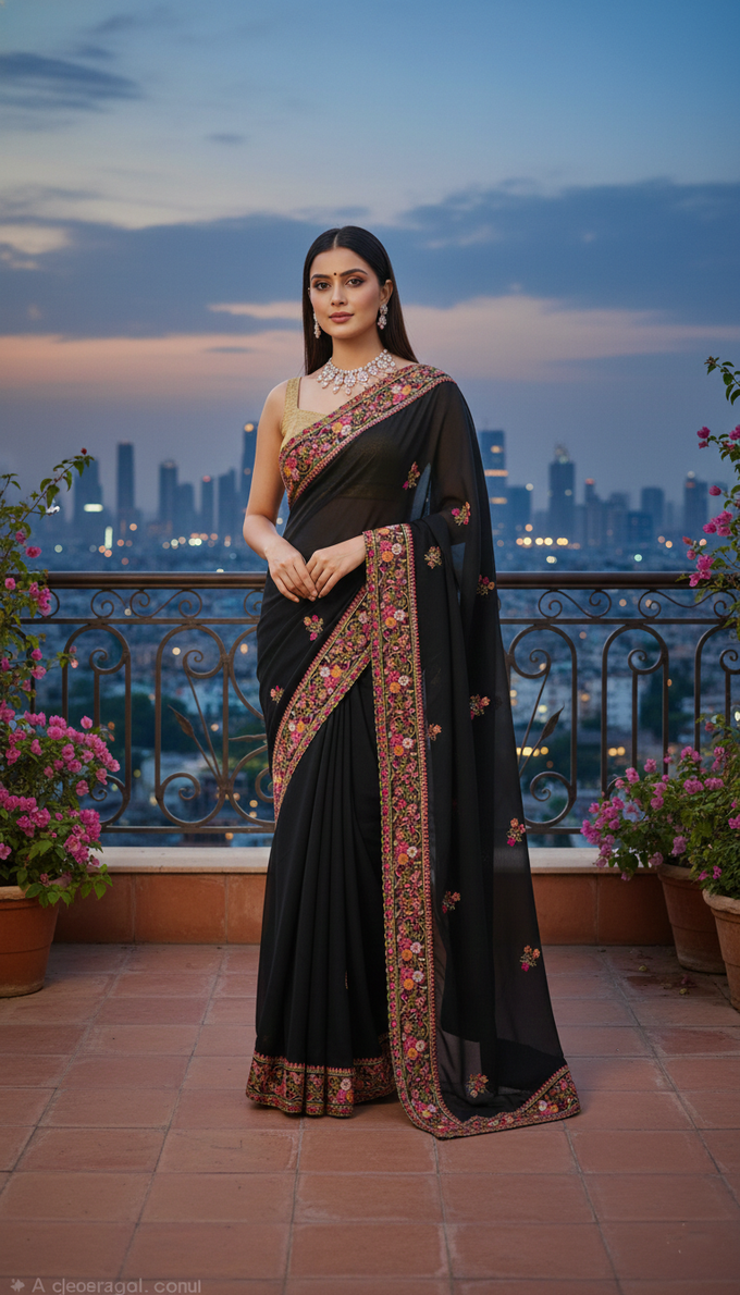 Black Georgette Embroidery With Zarkan Work Saree with Unstitched and Blouse Piece