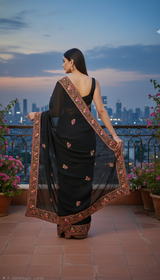 Black Georgette Embroidery With Zarkan Work Saree with Unstitched and Blouse Piece
