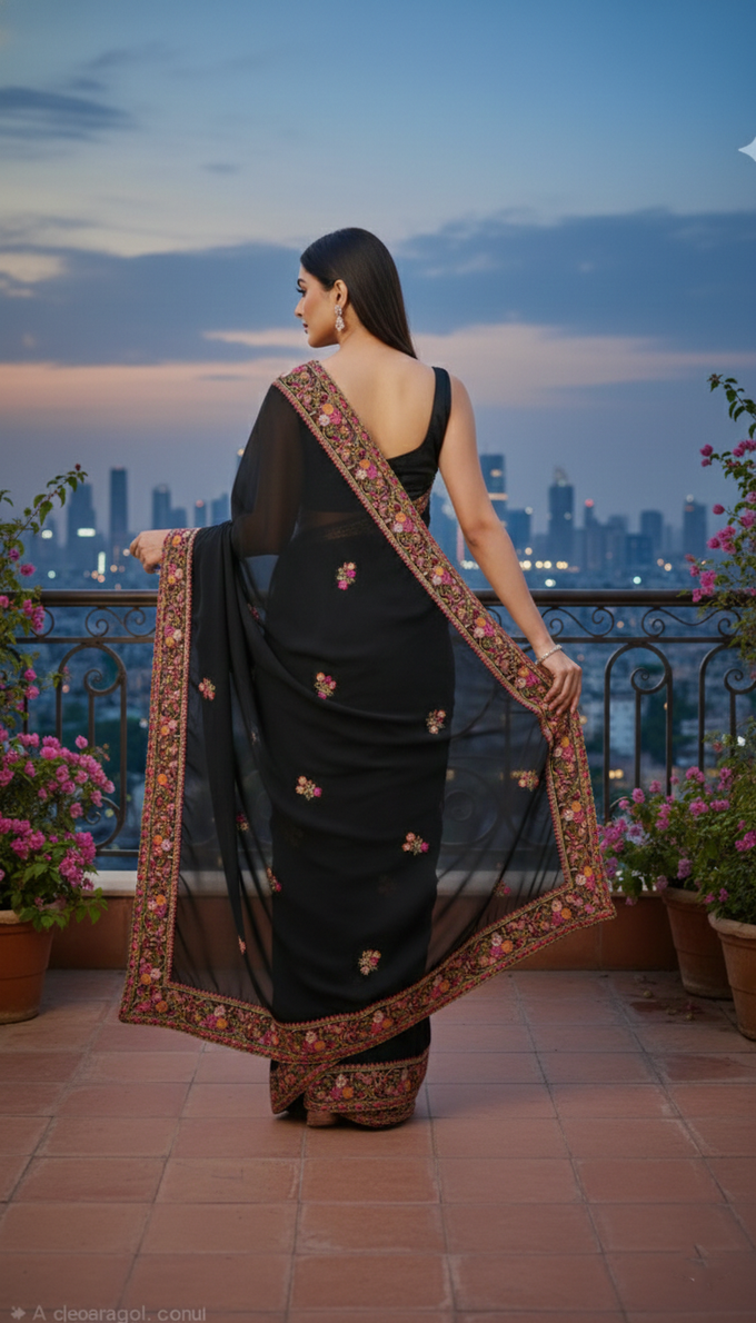 Black Georgette Embroidery With Zarkan Work Saree with Unstitched and Blouse Piece