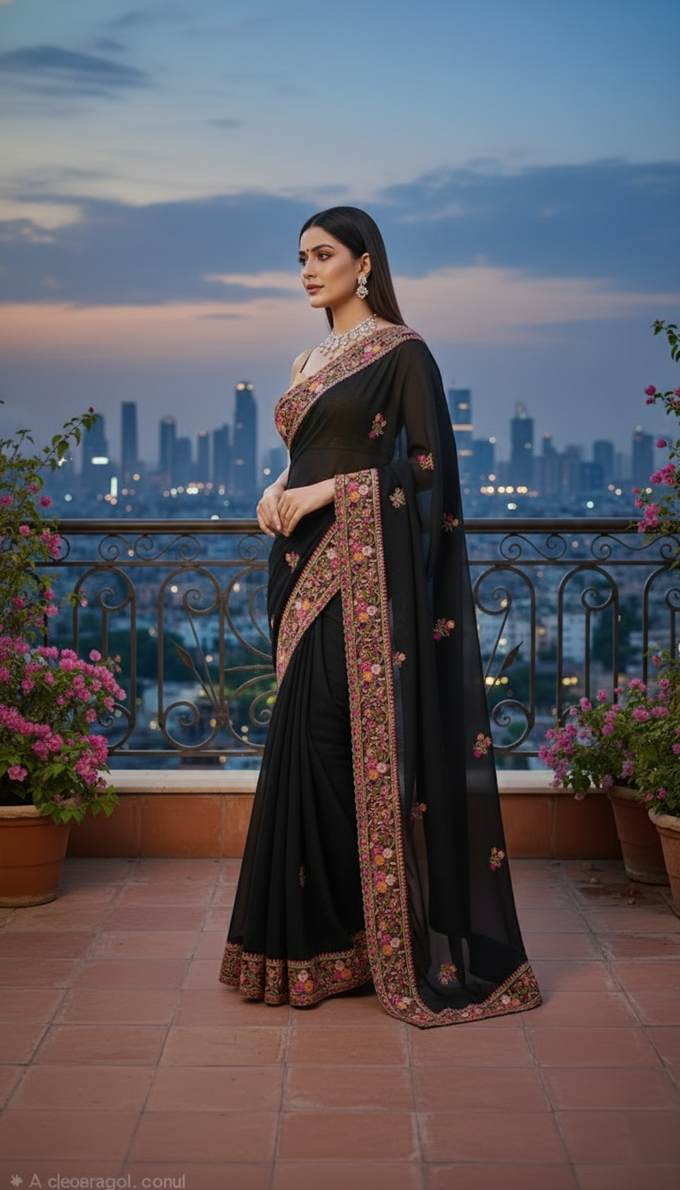 Black Georgette Embroidery With Zarkan Work Saree with Unstitched and Blouse Piece
