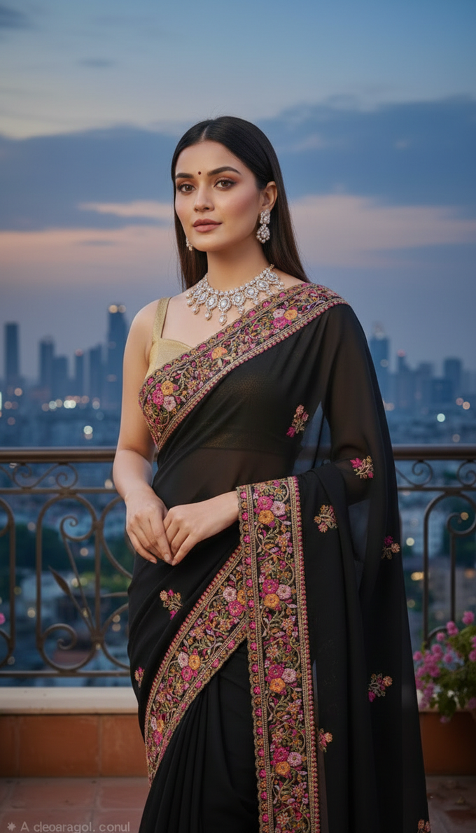 Black Georgette Embroidery With Zarkan Work Saree with Unstitched and Blouse Piece