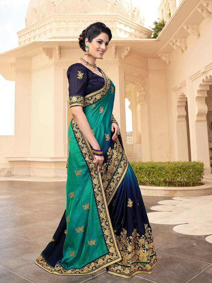 Women's Barfi Silk Embroidey Dual Shade Saree with Blouse Piece Trendmalls