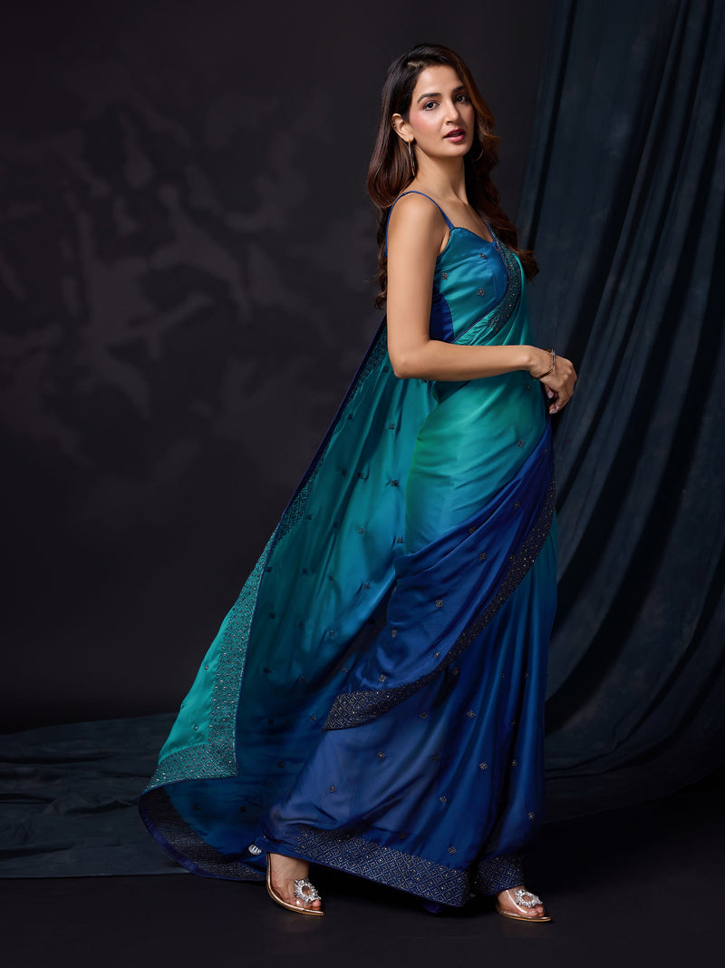 Women's Blue Rangoli Silk Embroidery Double Shade Saree with Blouse Piece Trendmalls