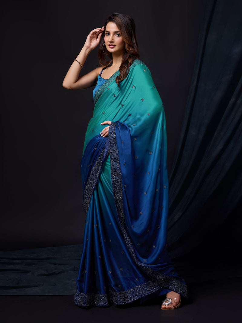 Women's Blue Rangoli Silk Embroidery Double Shade Saree with Blouse Piece Trendmalls