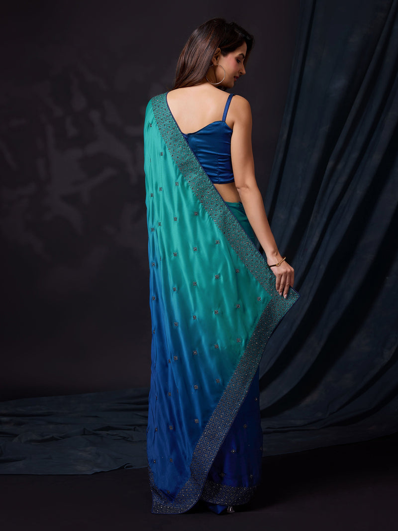 Women's Blue Rangoli Silk Embroidery Double Shade Saree with Blouse Piece Trendmalls