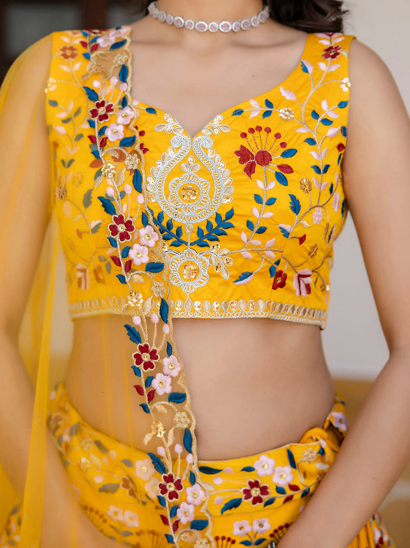 Yellow Satin Embroidery Bridal Lehenga Choli With Net Dupatta For Women's Trendmalls