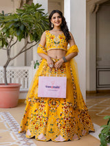 Yellow Satin Embroidery Bridal Lehenga Choli With Net Dupatta For Women's Trendmalls