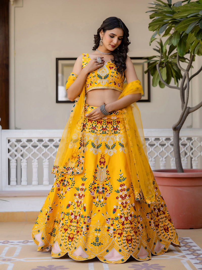 Yellow Satin Embroidery Bridal Lehenga Choli With Net Dupatta For Women's Trendmalls