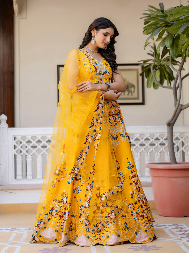 Yellow Satin Embroidery Bridal Lehenga Choli With Net Dupatta For Women's Trendmalls