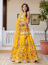 Yellow Satin Embroidery Bridal Lehenga Choli With Net Dupatta For Women's Trendmalls