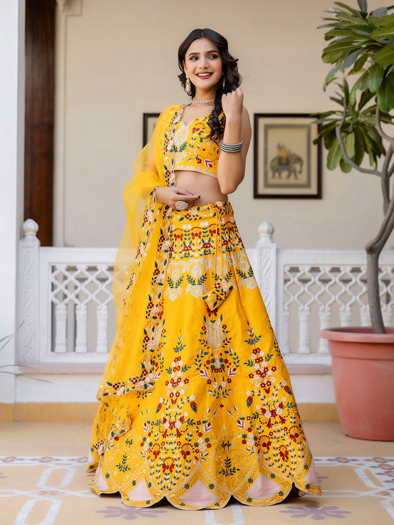 Yellow Satin Embroidery Bridal Lehenga Choli With Net Dupatta For Women's Trendmalls