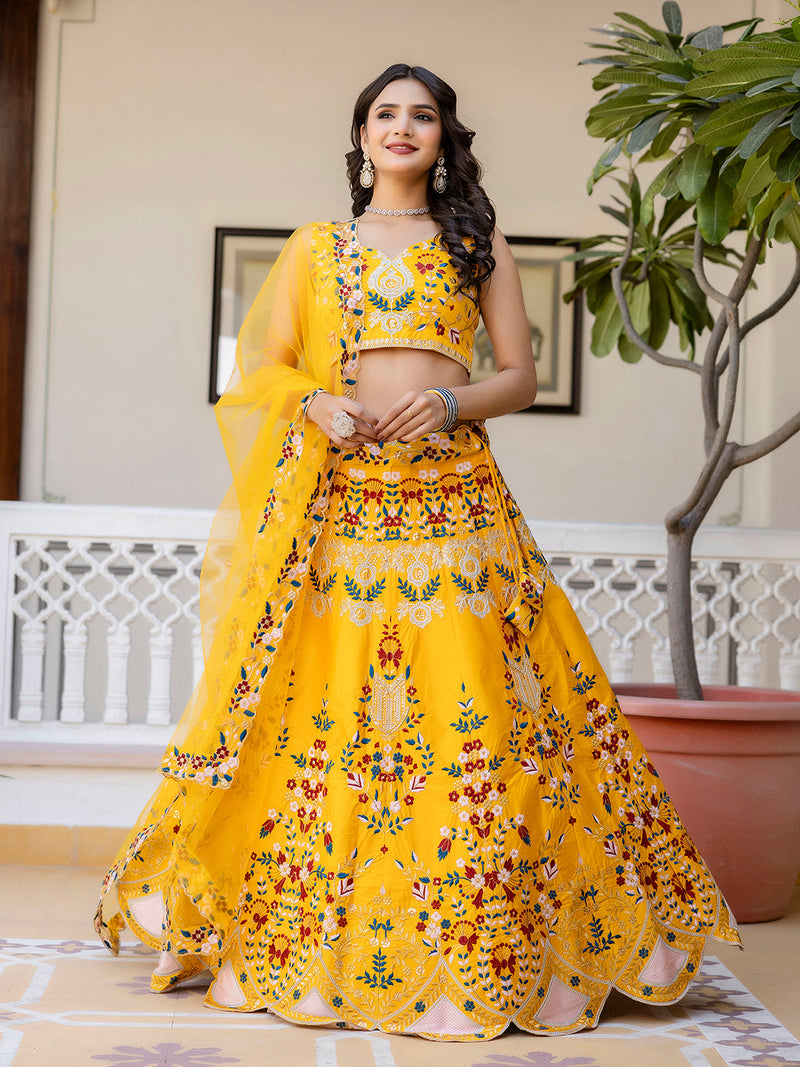 Yellow Satin Embroidery Bridal Lehenga Choli With Net Dupatta For Women's Trendmalls