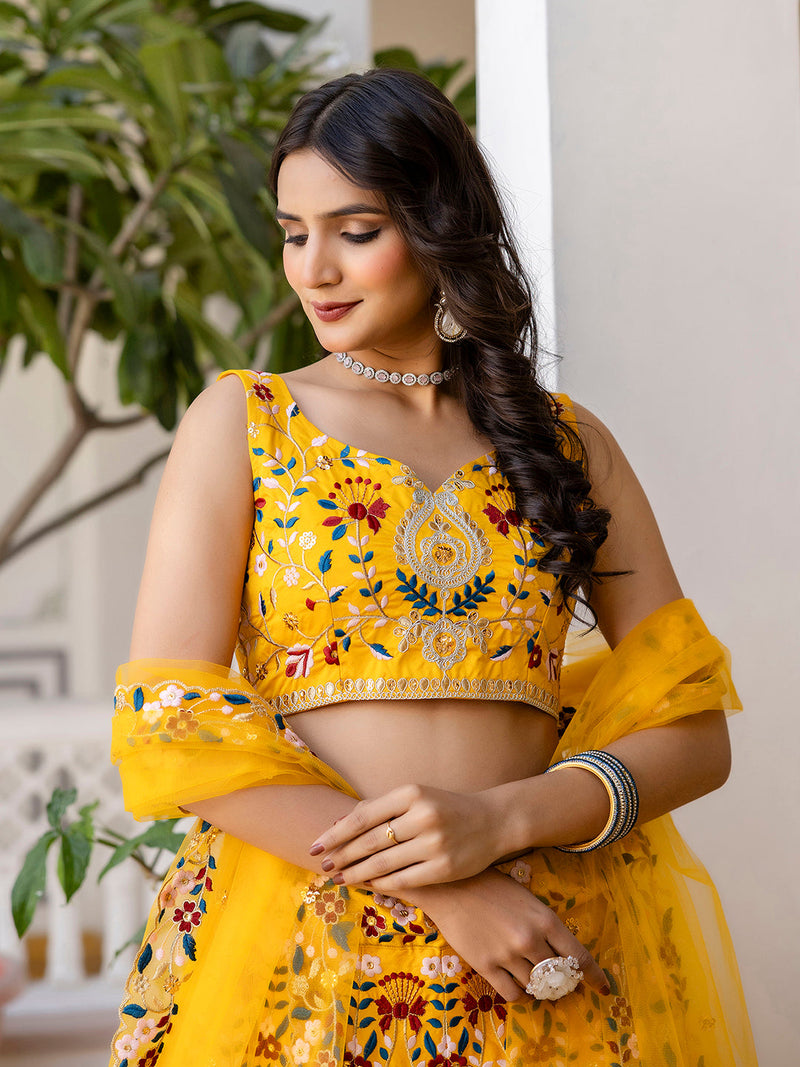Yellow Satin Embroidery Bridal Lehenga Choli With Net Dupatta For Women's Trendmalls