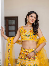 Yellow Satin Embroidery Bridal Lehenga Choli With Net Dupatta For Women's Trendmalls