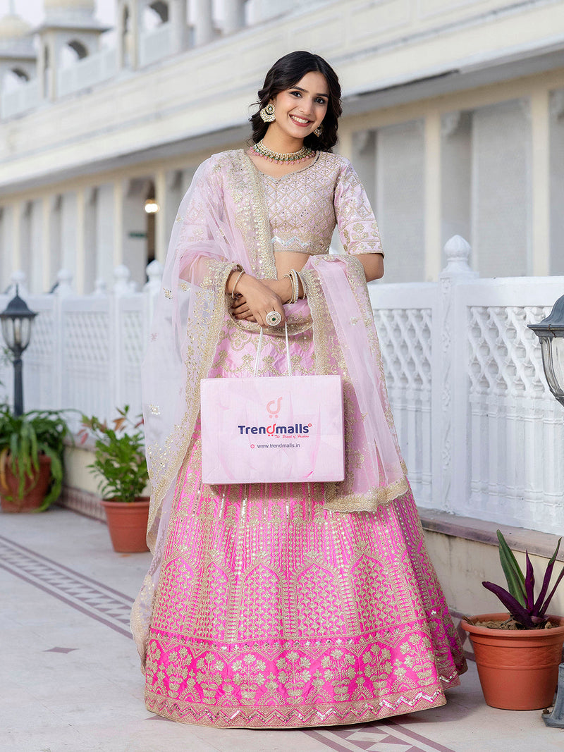 Pink Satin Embroidery Lehenga Choli with Dupatta | Bridal Party Stylish Wedding Lehenga Choli for women Trendmalls