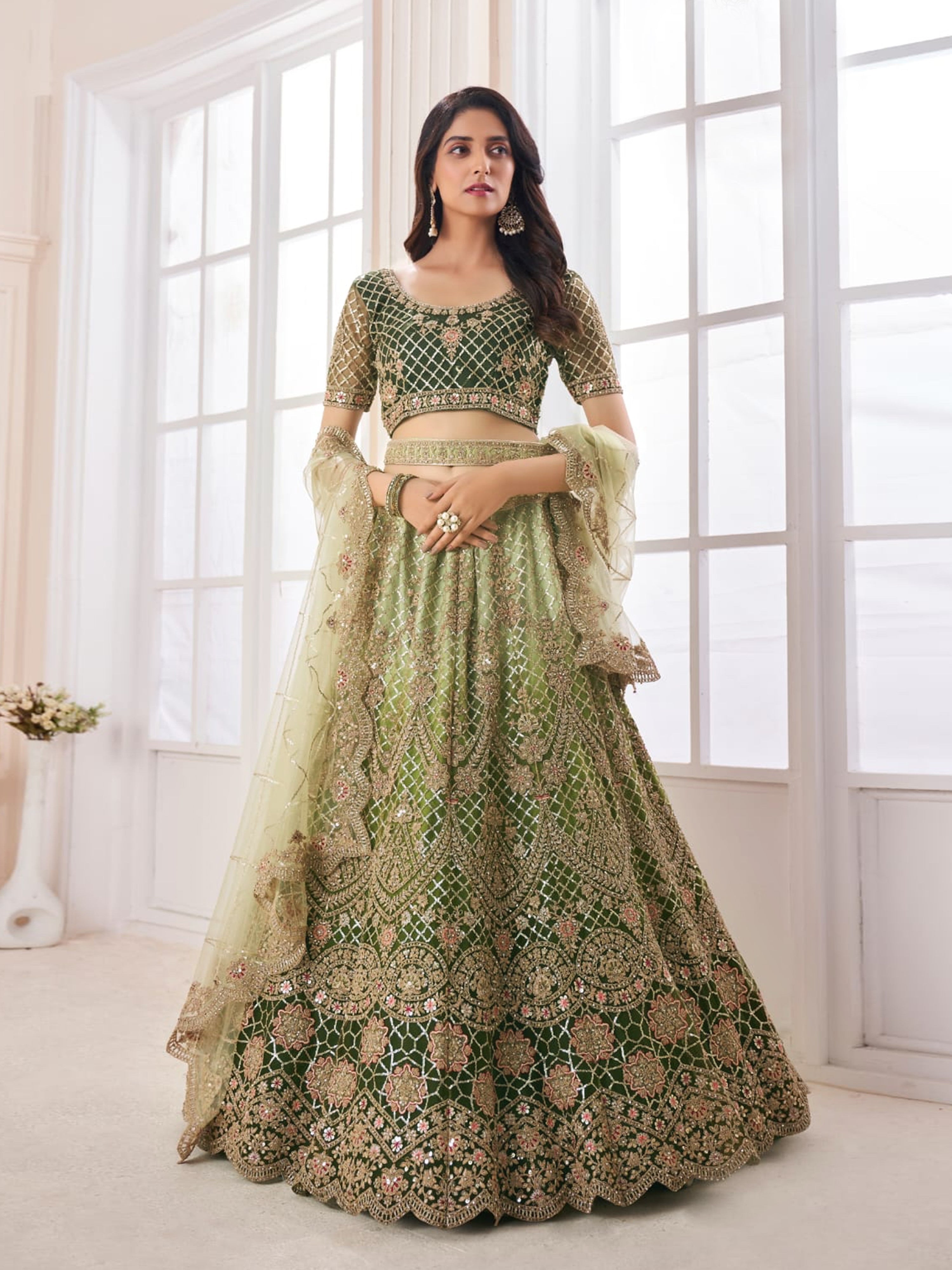 Mahendi Net Embroidery Lehenga Choli with Dupatta For Women's Trendmalls