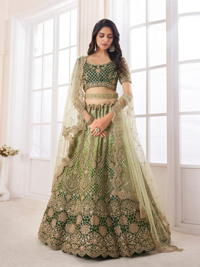 Mahendi Net Embroidery Lehenga Choli with Dupatta For Women's Trendmalls